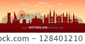 Travel landmarks Switzerland with silhouette architecture background, Switzerland Day anniversary celebration and tour Swiss landmark to Zurich with panorama view popular capital. 128401210