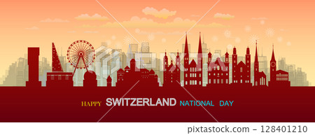 Travel landmarks Switzerland with silhouette architecture background, Switzerland Day anniversary celebration and tour Swiss landmark to Zurich with panorama view popular capital. 128401210