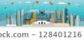 Illustration travel south Korea independence day anniversary and celebration. Tour landmarks south Korea with architecture background,  Travel landmark to seoul in Asia with panorama view. 128401216