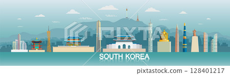 Travel south Korea independence day anniversary and celebration. Tour landmarks south Korea with architecture background, Illustration travel landmark to seoul in Asia with panorama view. Travel south Korea independence day anniversary and celebration. Tour landmarks south Korea with architecture background, Illustration travel landmark to seoul in Asia with panorama view. 128401217