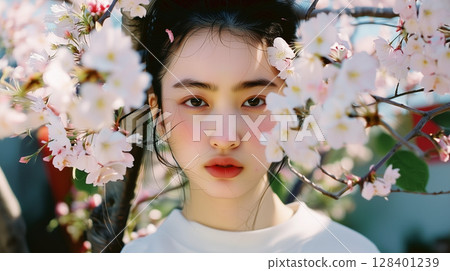 櫻花環繞的美麗日本女性肖像 櫻花環繞的美麗日本女性肖像 128401239
