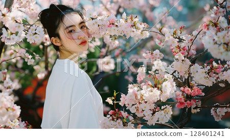櫻花環繞的美麗日本女性肖像 櫻花環繞的美麗日本女性肖像 128401241