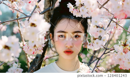 櫻花環繞的美麗日本女性肖像 128401243