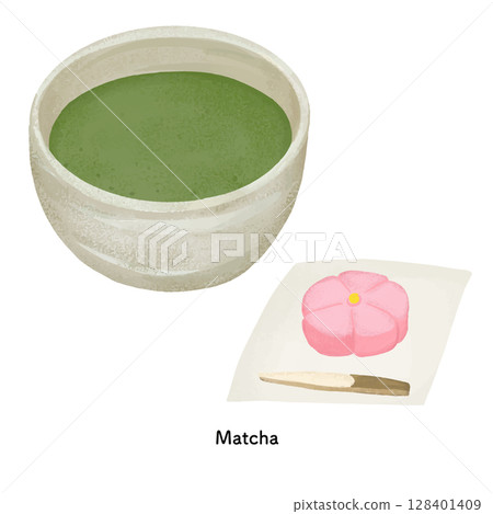 用色鉛筆繪製的抹茶和練切插圖 用色鉛筆繪製的抹茶和練切插圖 128401409