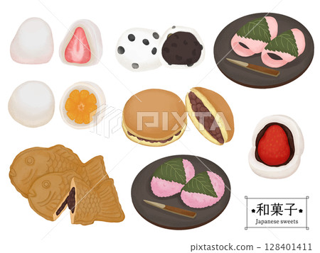 用色鉛筆繪製的各種日式點心的插圖 用色鉛筆繪製的各種日式點心的插圖 128401411