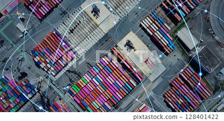 Aerial view of a container yard shot by drone and communication network concept - Horizontal visual for banners and advertisements Aerial view of a container yard shot by drone and communication network concept - Horizontal visual for banners and advertisements 128401422