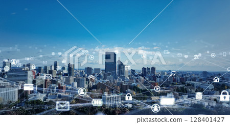 Drone aerial view of modern city and communication network concept Horizontal visual for banners and advertisements 128401427