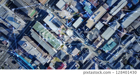無人機和通訊網路概念拍攝的現代城市鳥瞰圖橫幅和廣告的水平視覺 無人機和通訊網路概念拍攝的現代城市鳥瞰圖橫幅和廣告的水平視覺 128401430