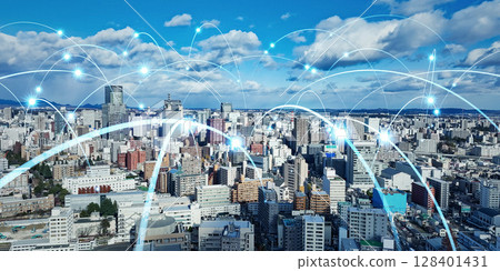 Drone aerial view of modern city and communication network concept Horizontal visual for banners and advertisements 128401431