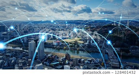 Drone aerial view of modern city and communication network concept Horizontal visual for banners and advertisements 128401432