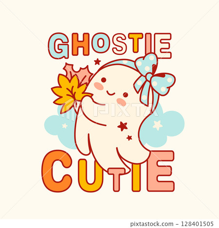 A charming Baby Halloween party print with a ghost character holding a bouquet of leaves. Sweet and adorable design for festive fall-themed projects with a touch of cuteness A charming Baby Halloween party print with a ghost character holding a bouquet of leaves. Sweet and adorable design for festive fall-themed projects with a touch of cuteness 128401505