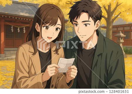 Autumn couple reading fortune slips at a shrine Autumn couple reading fortune slips at a shrine 128401631