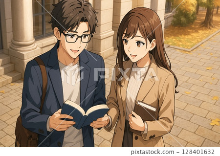 Couple reading books on campus in autumn 128401632