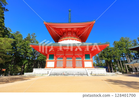 [和歌山縣]晴天時高野山壇上伽藍的主塔 128401700