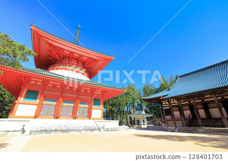 [和歌山縣]晴天時高野山壇上伽藍的主塔 128401703