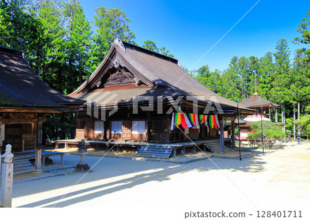 [Wakayama Prefecture] The main hall and eastern tower of the Danjo Garan at Mt. Koya on a clear day 128401711