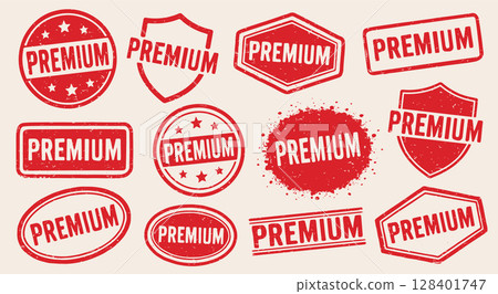 Premium retro grunge stamp vector set. Premium vintage Rubber Stamp template collection. Premium stamp pack. Seal Premium. Vector illustration image. Isolated one white background. Premium retro grunge stamp vector set. Premium vintage Rubber Stamp template collection. Premium stamp pack. Seal Premium. Vector illustration image. Isolated one white background. 128401747