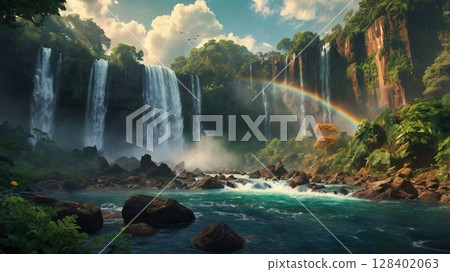 The world's breathtaking, fantastical and roaring waterfalls - Mysterious natural heritage landscapes 128402063