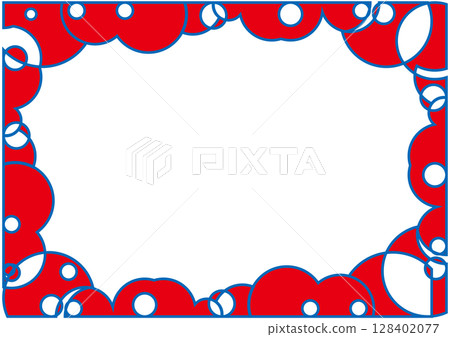 Beautiful frame made of circles, transparent center, red with blue border, white background 128402077