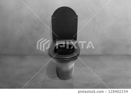 Front view of a black toilet bowl with an open lid on a cement floor. 128402234