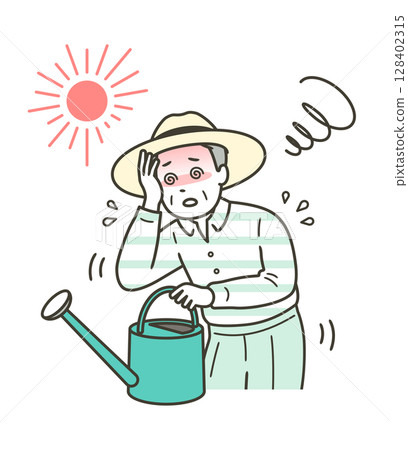Illustration of the upper body of an elderly man suffering from heat stroke and dizziness while working on farm Illustration of the upper body of an elderly man suffering from heat stroke and dizziness while working on farm 128402315