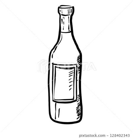 Bottle of wine Hand drawn line art sketch doodle fisherman aesthetic coastal nautical illustration  128402343