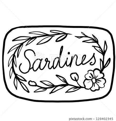 Sardines vintage with flower tin canned fish Hand drawn line art sketch doodle fisherman aesthetic coastal nautical illustration  128402345