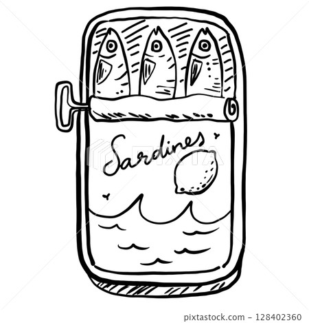 Sardines vintage tin canned fish Hand drawn line art sketch doodle fisherman aesthetic coastal nautical illustration  128402360