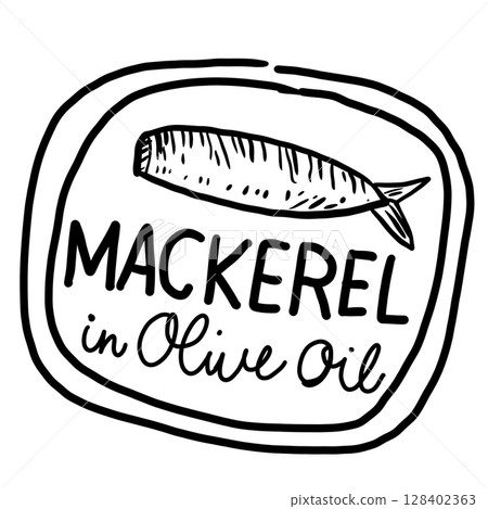 Mackerel in olive oil tin canned fish Hand drawn line art sketch doodle fisherman aesthetic coastal nautical illustration  128402363