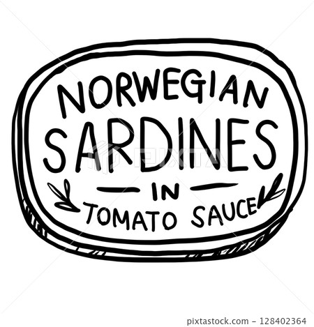 Norwegian Sardines in tomato sauce tin canned fish Hand drawn line art sketch doodle fisherman aesthetic coastal nautical illustration  128402364