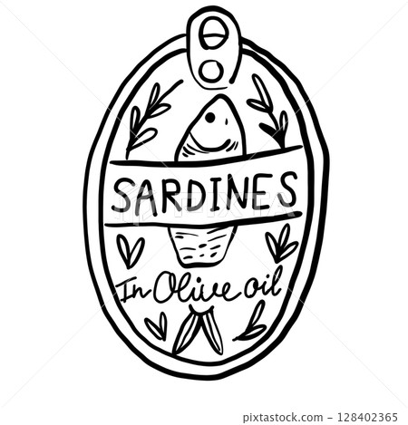 Sardines in olive oil vintage tin canned fish Hand drawn line art sketch doodle fisherman aesthetic coastal nautical illustration Sardines in olive oil vintage tin canned fish Hand drawn line art sketch doodle fisherman aesthetic coastal nautical illustration 128402365