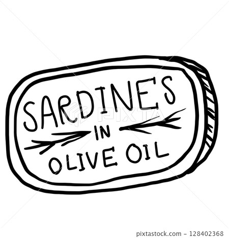 Sardines in olive oil tin canned fish Hand drawn line art sketch doodle fisherman aesthetic coastal nautical illustration  128402368