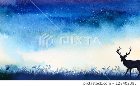 Outdoor and camping image illustration: Silhouette of a deer walking through the forest at night 128402385