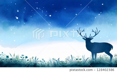 Outdoor and camping image illustration: Silhouette of a deer walking through the forest at night 128402386