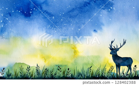 Outdoor and camping image illustration: Silhouette of a deer walking through the forest at night Outdoor and camping image illustration: Silhouette of a deer walking through the forest at night 128402388