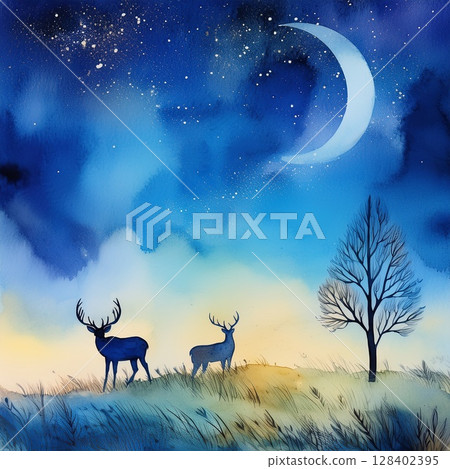 Outdoor and camping image illustration: Silhouette of a deer walking through the forest at night Outdoor and camping image illustration: Silhouette of a deer walking through the forest at night 128402395