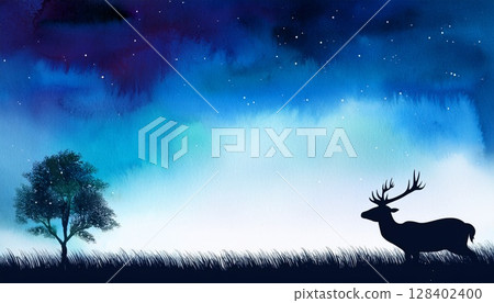 Outdoor and camping image illustration: Silhouette of a deer walking through the forest at night 128402400