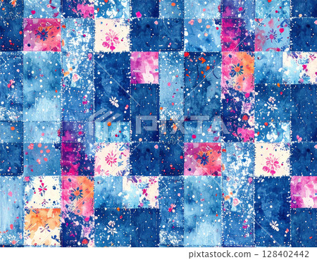 Paint splattered on denim fabric 128402442