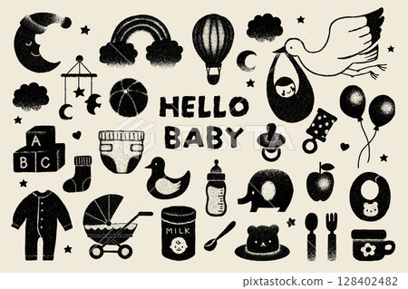 Monochrome baby product icon set (hand-drawn style, retro textured childcare materials) 128402482