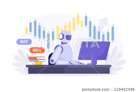 Artificial intelligence, robot trader. Trading bot analyze cryptocurrency market data, financial exchange, earning profit. AI for automation trading on stock market 128402496