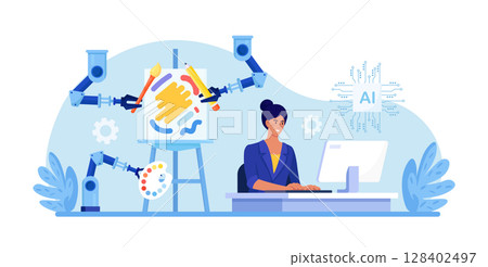 Woman using AI-generated art technology on computer to create stunning works of art. Artificial intelligence generated artwork. Robotic arm create paintings controlled by computer algorithm 128402497