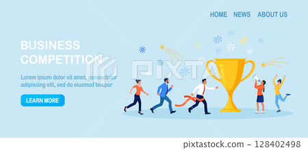 Businessman running to trophy, crossing finish line and tearing ribbon. Business success or achievement, skill or effort to succeed in work. Competitive process in business. Way to achieve the goal 128402498
