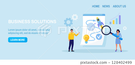 Business solution, strategy. Businessmen planning, testing startup ideas and analyzing marketing data. Success business idea, innovation or invention to reach goal. Entrepreneurs start new business 128402499
