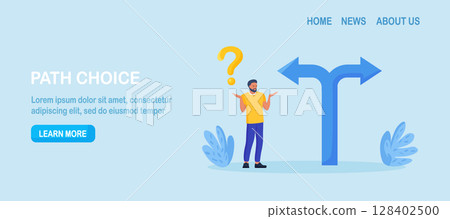 Business difficult choices. Confusing man looking at crossroad sign with question mark, think which way to go. Uncertainty and doubt. Making decision or choose the right path to success 128402500