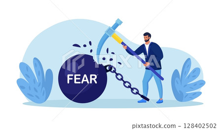 Businessman fighting with fear. Person smashed chained fear ball. Overcome fear, challenge difficulty. Character win over obstacle or difficulty. Confrontation or confidence to defeat fear Businessman fighting with fear. Person smashed chained fear ball. Overcome fear, challenge difficulty. Character win over obstacle or difficulty. Confrontation or confidence to defeat fear 128402502