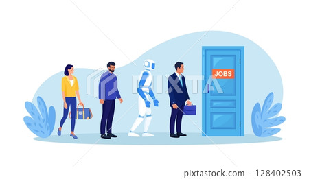 Robots and people stand in line waiting hiring interview at office hall. Robotics industry. Human and robotics employees for vacancy. Automated and manual labor. Robotic Process Automation 128402503