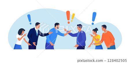 Two groups of people arguing and fighting, business conflict. Teamwork disagreement. Fierce rivalry, unhealthy competition. Colleagues having debate. Angry people arguing or misunderstanding 128402505