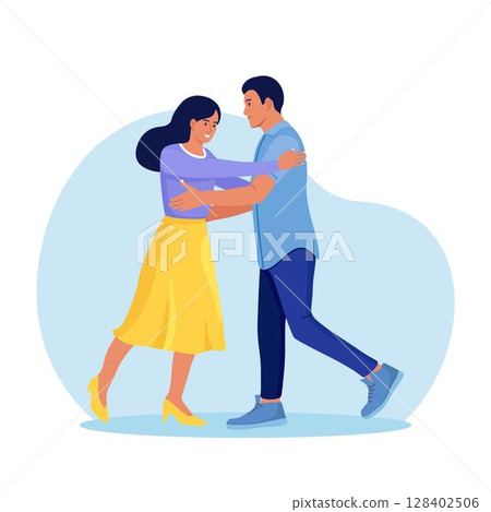 Happy couple of man and woman dancing. Musical active dance. Dancers couple dancing.Romantic date. Dance class. People fall in love 128402506