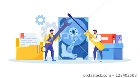 Data recovery service, data storage backup. People in worker uniform repairing HDD. Hardware hard disk repair. Restoration process and protection 128402508