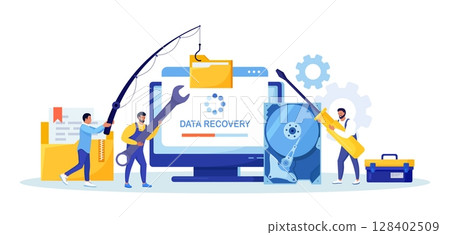 Tiny Characters in Worker Uniform Repairing HDD. Restoration Process. Data Recovery Service, Data Storage Backup and Protection. Hardware Disk Repair Service. Documents, Database Security Tiny Characters in Worker Uniform Repairing HDD. Restoration Process. Data Recovery Service, Data Storage Backup and Protection. Hardware Disk Repair Service. Documents, Database Security 128402509